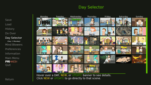 Pantalla Day Selector de Another Way Home con las escenas ordenadas por día de la semana